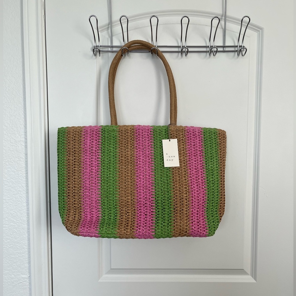 Striped Woven Straw, Large Tote Bag, Lined — Pink, Green & Brown